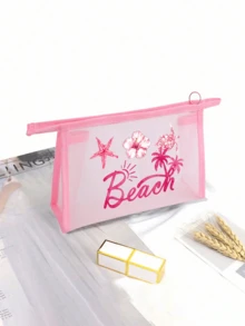Mesh Beach Tote Bag Set, Large Transparent Shoulder Bag With Mini Makeup Pouch, Waterproof Beach Bag With Beach Letter Print, Snap Closure Summer Pool Tote Bag, Women's Travel Shopping Organizer Bag, Ideal Vacation And Birthday Gift - Multicolor - View 12