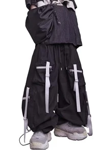 niepce Men's Black Wide Leg Strapped Pants Techwear Streetwear Oversized Joggers - Black - View 13