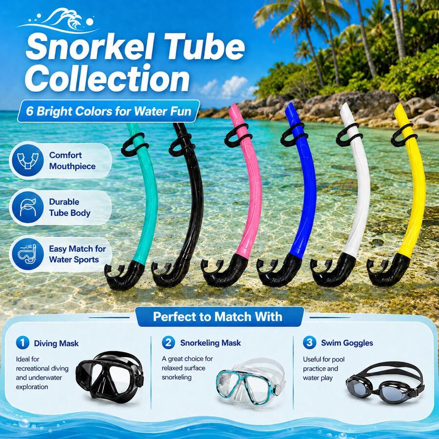 Single-Piece Wet Snorkel, Curved Vent Snorkel Tube With Comfortable Mouthpiece & Anti-Slip Clip, PVC Freediving Snorkel, 6 Colors, Mask Compatible, For Swimming Training, Beach & Underwater Use - Multicolor - View 1