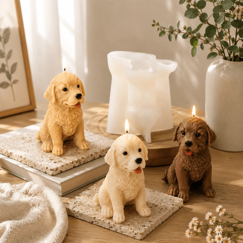 黃金獵犬幼犬矽膠蠟燭模具 DIY 狗狗蠟燭模具，適用於大豆蠟香氛蠟燭製作、樹脂、石膏、肥皂模具，居家裝飾禮品