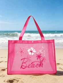Mesh Beach Tote Bag Set, Large Transparent Shoulder Bag With Mini Makeup Pouch, Waterproof Beach Bag With Beach Letter Print, Snap Closure Summer Pool Tote Bag, Women's Travel Shopping Organizer Bag, Ideal Vacation And Birthday Gift - Multicolor - View 2