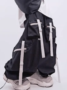 niepce Men's Black Wide Leg Strapped Pants Techwear Streetwear Oversized Joggers - Black - View 8