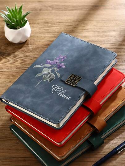Juego de cuadernos personalizados con flores de nacimiento, cuaderno con nombre grabado personalizado con bolígrafo y caja de regalo, cuaderno A5 con cierre de presión, regalo para mujeres, damas de honor, maestras y graduación