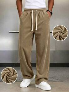 Men's 1pc Loose Fashion Sports Corduroy Pants, Minimalist Solid Color Wide Leg Casual Fit, Drawstring Waist Design, Large Pockets, Suitable For Daily Walking, Work, Travel And Other Occasions. Perfect Father's Day Gift For Dad - Coffee Brown - View 4