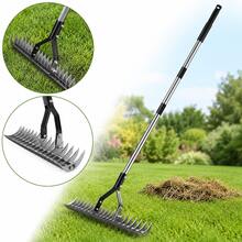 Garden Thatch Rake 1.77M Steel Handle Adjustable Curved Teeth Lawn Moss Remover Leaf Rake Heavy Duty Garden Yard Maintenance Tool - A - View 1