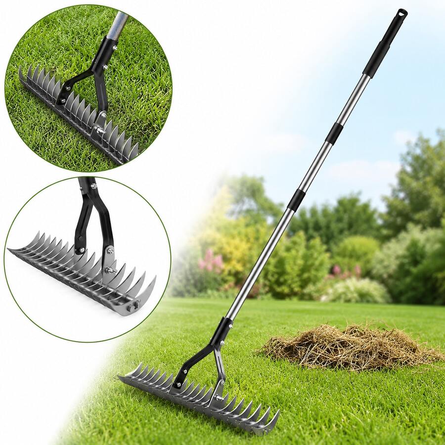 Garden Thatch Rake 1.77M Steel Handle Adjustable Curved Teeth Lawn Moss Remover Leaf Rake Heavy Duty Garden Yard Maintenance Tool - A - View 1