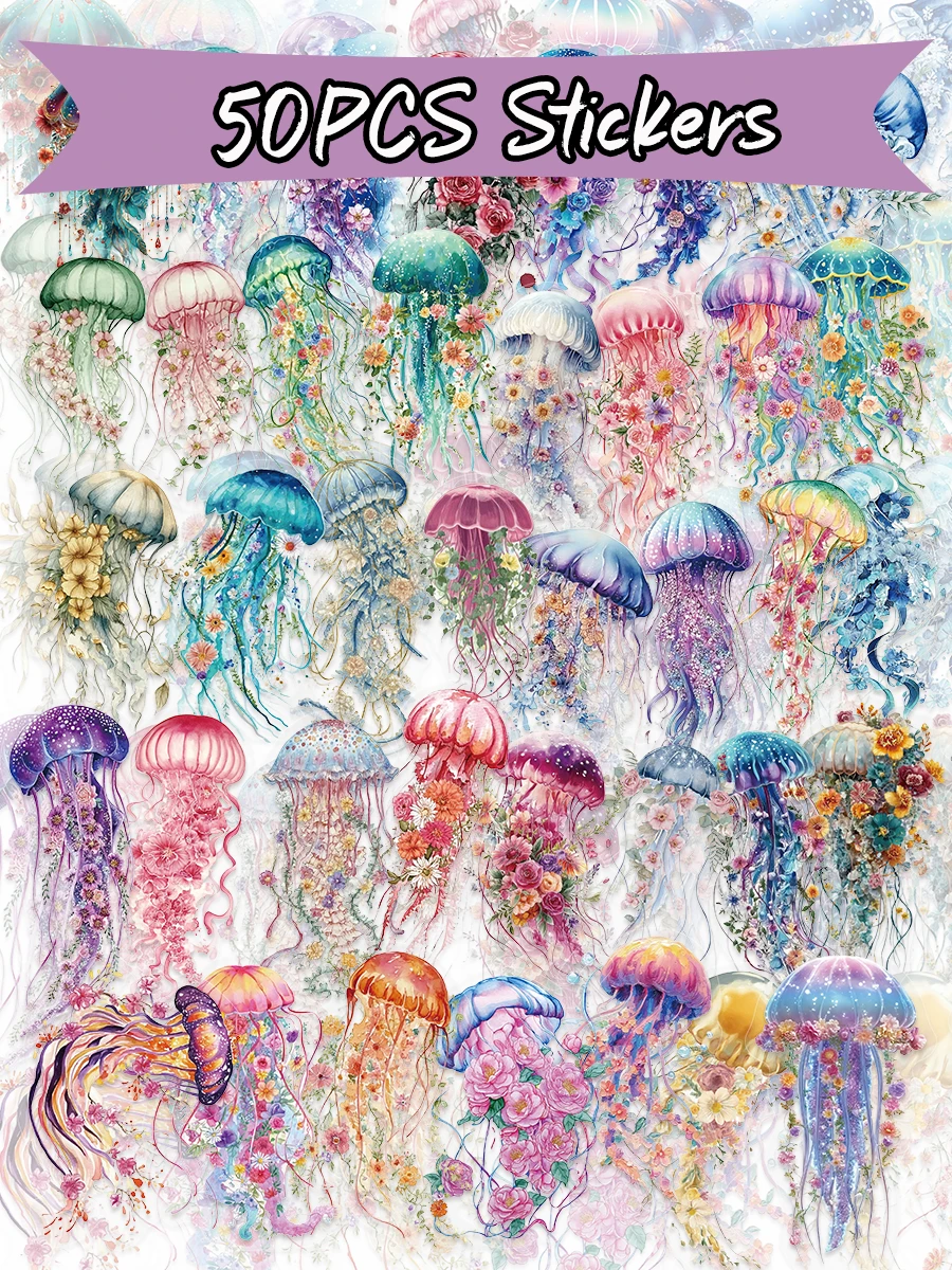 50 piezas Pegatinas de medusas de la isla del bosque, pegatinas de medusas de PET transparente, adecuadas para fundas de teléfono con forma asimétrica, portátiles, botellas de agua y álbumes de recortes, útiles escolares - 1 Set - Ver 1