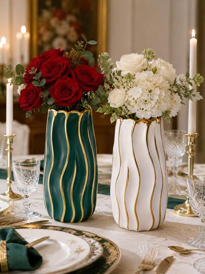 1pc White Resin Vase With Gold Edged Cylindrical Vase, Perfect For Home Decoration And Flower Arrangement, Living Room Decoration