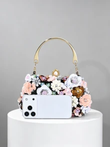 1 pieza Bolso de mano de noche bordado con flores y cuentas hecho a mano, bordado puro hecho a mano con cuentas - Negro - Ver 5