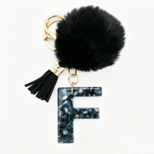 1pc Black Shell Slice Shiny Letter Keychain (A-Z) - Shell Stone Resin Letter Pendant With Pop Pom Pom, Leather Tassel, Fashionable Key Ring, Suitable For Bags/Cars, Cute Gift For Women And Mothers - Multicolor - View 15