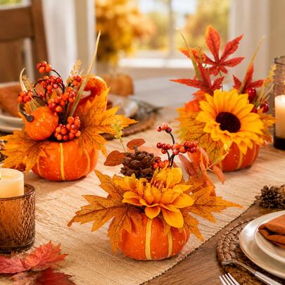 3pcs Autumn Artificial Flower Orange Pumpkin Potted Plant For Home Decoration Harvest Festival