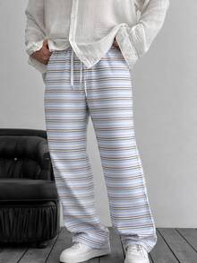 FRACTYR Herren Sommer Lässig Streetwear Hellblau Weiß Braun Nadelstreifen Kordelzug Weite Beine Hose, Vintage Lässig Lange Hose, Minimalistischer Urlaubsstil Lockerer Gerader Beinschnitt Bodenlange Hose, Weiche Haptik - Blau - Übersicht 3