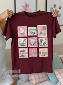 Summer New Style  T-Shirt With Sleeves Retro Stamps, Seashell Ice Cream, Surfing Board. Printed Casual Plus-Size T-Shirt. A Gift For Friends, Parents. - 酒紅色 - 查看 1