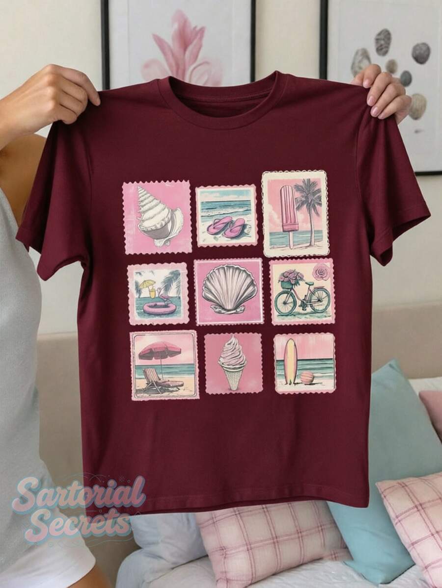 Summer New Style T-Shirt With Sleeves Retro Stamps, Seashell Ice Cream, Surfing Board. Printed Casual Plus-Size T-Shirt. A Gift For Friends, Parents. - 酒紅色 - 查看 1