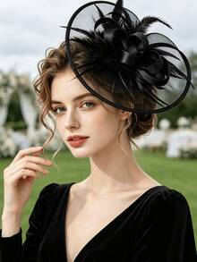 1pc Women's Solid Color Fascinator Hat, Tea Party Hat, Kentucky Derby Hat, Feather Hair Clip, Bridal Wedding Party Birdcage Veil Headpiece, Horse Racing Headpiece, Vintage Hat, 50s Costume Hat, Victorian Hat, Pillbox Hat, Women's Accessories, Mother's Day Halloween Christmas Gift, Mini Headpiece - Black - View 8