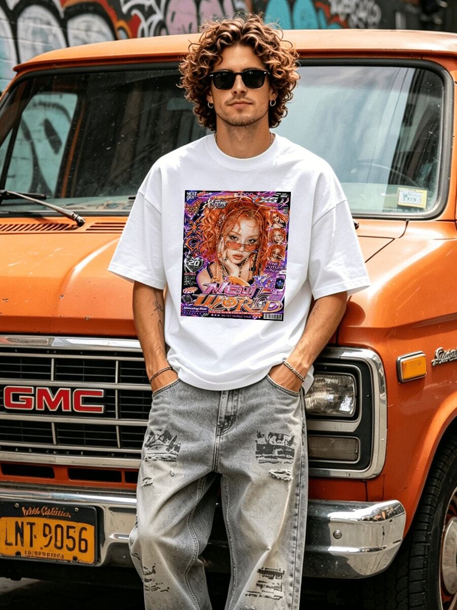 Camicia casual estiva da uomo con collo rotondo morbido e maniche corte, stampa grafica Y2K da rivista, abbigliamento primavera ed estate. Nero - Bianco - Visualizzare 1
