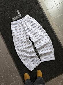 FRACTYR Herren Sommer Lässig Streetwear Hellblau Weiß Braun Nadelstreifen Kordelzug Weite Beine Hose, Vintage Lässig Lange Hose, Minimalistischer Urlaubsstil Lockerer Gerader Beinschnitt Bodenlange Hose, Weiche Haptik - Blau - Übersicht 5