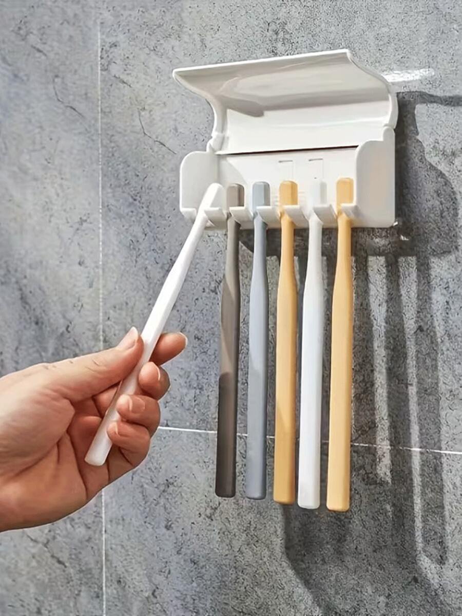 6 Slot Toothbrush Holder With Lid Self Adhesive Toothbrush Organizer For Dorm Bathroom And Shower Holds 6 Toothbrushes - White - View 1