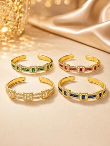 1pc Elegant French Vintage Geometric Segmented Rectangular Zirconia Open Cuff Bracelet For Women, Flattering Skin Tone, Exquisite Low-Key High-End - Bracelet - View 1