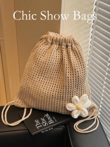 Women's Crochet Drawstring Backpack,Knit Beach Bag,Casual Boho Daypack For Summer Travel Daily Large Capacity,School Bookbag,College University Campus - Khaki - View 3