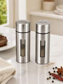3Pcs Set Stainless Steel Salt And Pepper Shaker Set, Spice Container Set, 2 Refillable Seasoning Jars With Clear Windows And Holder, For Home Kitchen, Dining Table And Restaurant, Kitchen Accessories - Silver - View 4
