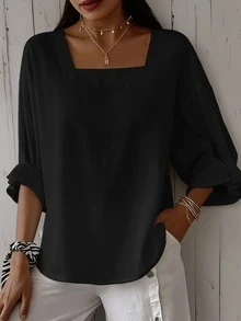 Plus Size Women's Short Sleeve Solid Color Square Neck Dropped Shoulder Ruched Cuff Summer Blouse Black - Black - View 5