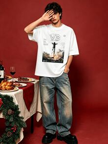 Chemise d'été décontractée pour hommes, col rond doux, manches courtes, imprimé graphique typographique thème spatial fusée V3 Starship, convient pour un usage quotidien - Blanc - Voir 1