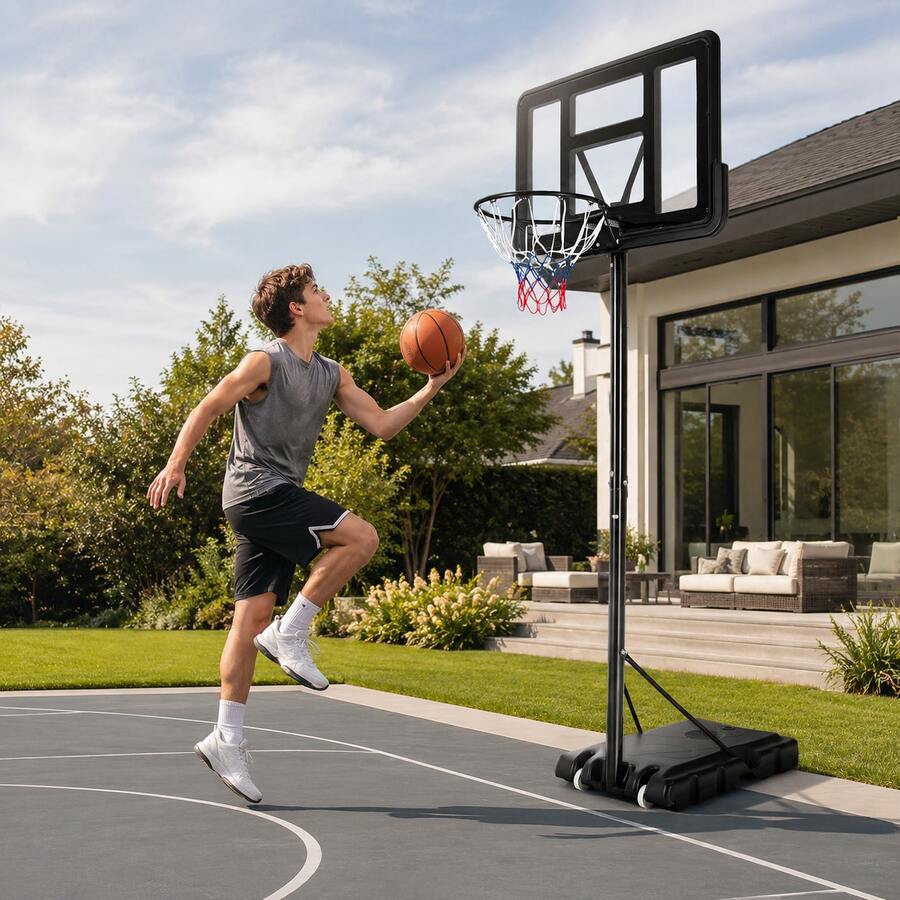 Black Adjustable Portable Basketball Hoop Stand With Shatterproof Backboard Wheels And Height Adjustable System For Outdoor Indoor Play - 1 - View 1