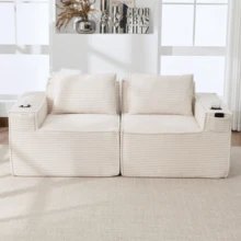 Modular 2-Seater Corduroy Sofa With Cup Holders And Side Pockets: Spring Core And High-Density Foam - Beige - View 3