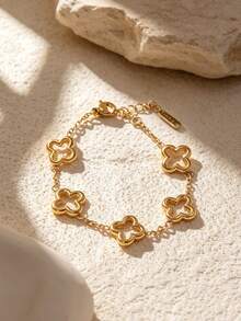 VceTd 3/4 piezas Elegante conjunto de joyería de acero inoxidable con decoración de trébol para mujeres, adecuado para uso diario o como regalo - Amarillo Oro - Ver 5