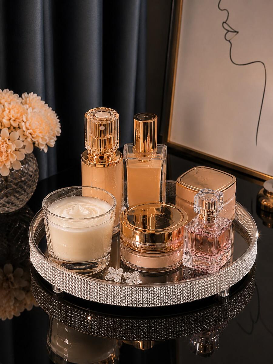 360° Rotating Full Rhinestone Mirror Cosmetic Tray, Luxury Perfume & Skincare Storage Display Plate, Bathroom Countertop/Vanity Decor