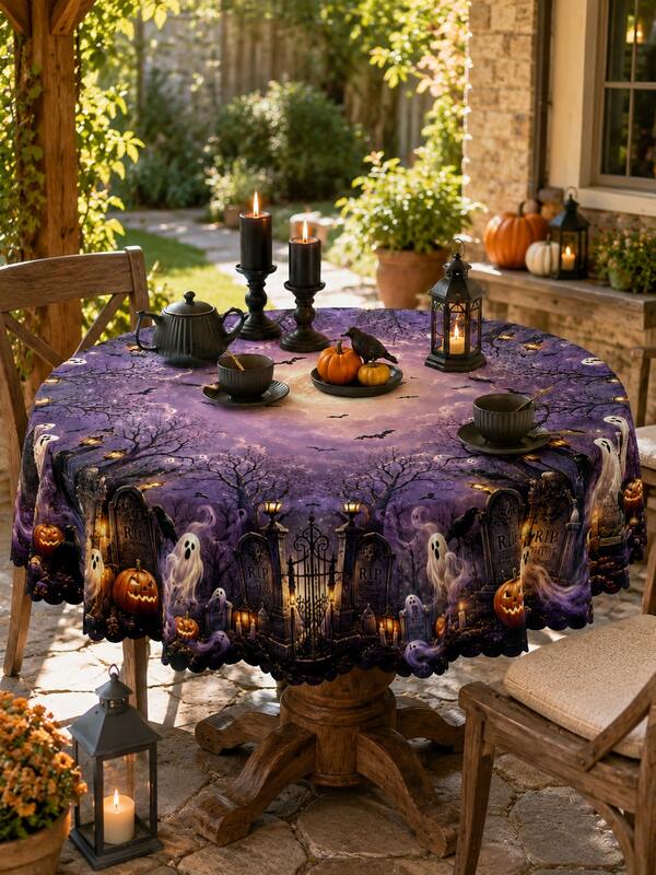 1pc-Spooky Halloween Castle Pumpkin Tablecloth, Dark Purple Night Bat Ghost Pattern Table Cover, Waterproof Table Linen For Halloween Dinner Party Decor, Gothic Holiday Home Party Table Decoration
