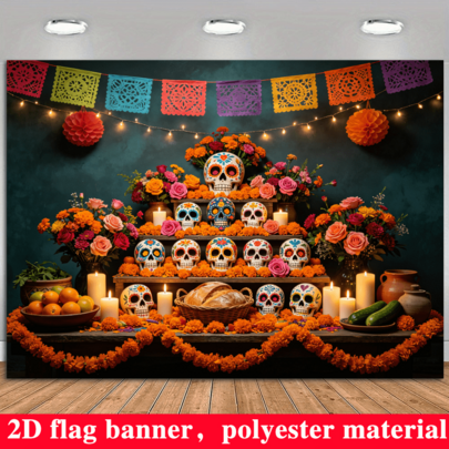 2D Flat Day Of The Dead Theme Party Banner Background, Featuring Painted Skulls As Core Element, Decorated With Marigolds, Roses And Other Fresh Flowers, Colorful Paper Cutouts, String Lights, Bread, Vegetables, Candles And Other Decorative Details, Made Of Durable Polyester Material, No Power Required, Suitable For Indoor/Outdoor Theme Celebrations, Can Be Used As Multi-Functional Wall Decoration, Photo Backdrop, Suitable For Home Gatherings, Office Events, Outdoor Parties, Studio Decor, Holiday Gift Giving, Lightweight And Easy To Hang, Decorative Effect Full Of Unique Cultural Atmosphere