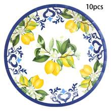 10入/20入/50入/80入 Capri Lemon 派對紙盤餐具用品，藍色瓷磚與黃色檸檬派對餐桌裝飾，夏季柑橘水果紙盤、餐巾紙、紙杯，適用於夏季假期生日、新娘婚前派對裝飾 - 彩色 - 查看 12