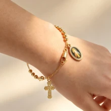 1pc Women's Fashion Bracelet, Gold Beaded Cross Bracelet, Catholic Rosary Bracelet, Religious Jewelry, Image Jewelry, Church Prayer/Christian/Christmas Baptism/Halloween/Thanksgiving/Easter Gift, Everyday Wear To Showcase Faith, Unisex - Gold - View 8