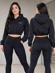 Blusa de Frio Academia Feminina Jaqueta Cropped Com Capuz Tactel com Elastano Fitness - Preto - Visão 1