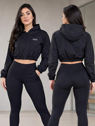 Blusa de Frio Academia Feminina Jaqueta Cropped Com Capuz Tactel com Elastano Fitness