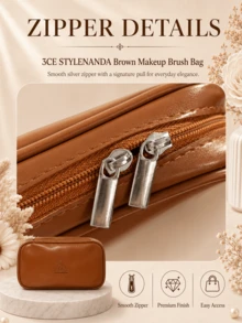 3CE Brown Makeup Brush Bag 18*10cm, Synthetic Leather, Smooth Zipper Compartment With Inner Pocket, Perfect For Storing Makeup Brushes, Suitable For Home And Travel - Rust Brown - View 8