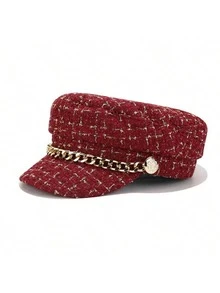 Elegant Plaid Tweed Newsboy Cap Set, Gold Chain Pearl Metal Button Decor Vintage Duckbill Women's Hat, Suitable For Autumn/Winter Daily, Shopping, Garden Party, Evening Party And Street Style - Multicolor - View 11