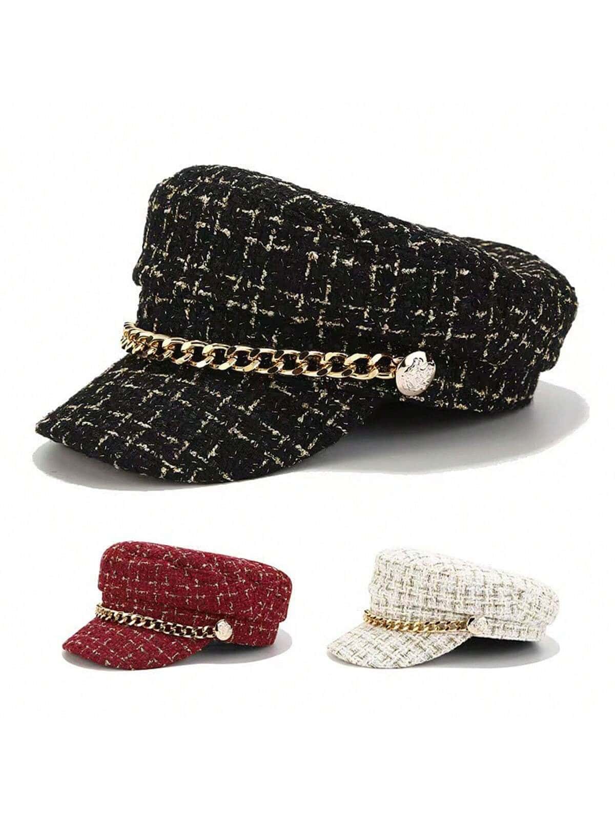1pc Exquisite Tweed Beret, Mixed Gold Thread Texture With High-End Delicate Feel, Metal Chain Embellishment Adds Luxury Touch. Structured Fit To Head Circumference, Flattering Face Shape And Softening Contours, Perfect For Daily Matching With Coats And Dresses, Creating A Gentle And Elegant Atmosphere. - Beige - View 1