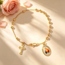 1pc Women's Fashion Bracelet, Gold Beaded Cross Bracelet, Catholic Rosary Bracelet, Religious Jewelry, Image Jewelry, Church Prayer/Christian/Christmas Baptism/Halloween/Thanksgiving/Easter Gift, Everyday Wear To Showcase Faith, Unisex - Gold - View 12
