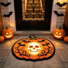 1 pieza Felpudo de calabaza con esqueleto malvado, alfombra de decoración de Halloween, felpudo de entrada, felpudo de puerta, alfombra pequeña, felpudo de bienvenida, alfombra, alfombra de cocina, decoración del hogar, alfombra de área, decoración del hogar - Multicolor - Ver 3
