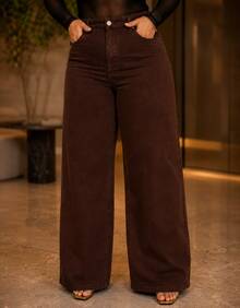 Women's Wide Leg Plus Size Jeans - High Quality - Coffee Brown - View 6