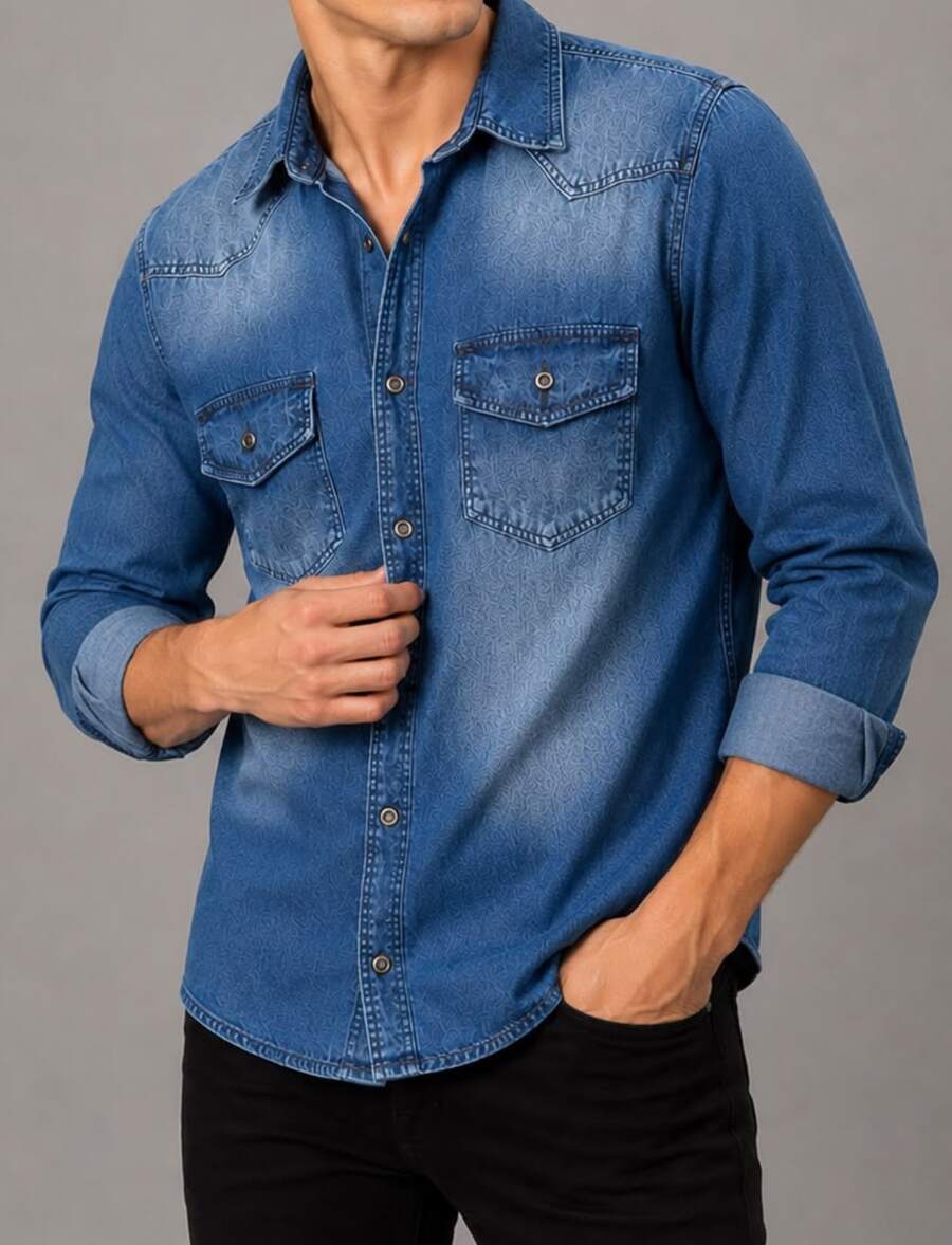 Men's Slim Fit Denim Shirt, Medium Wash - Medium Wash - View 1