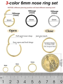 Unisex Hypoallergenic Nose Ring Set: Exquisite 8-Piece Set, Includes 18G Gold/Silver 316L Stainless Steel Nose Rings And Hinged Septum Rings; Suitable For Various Body Piercing Jewelry, Sizes Range From 6 To 12mm, Ideal Holiday Gift. - Gold + Silver + Black - View 2
