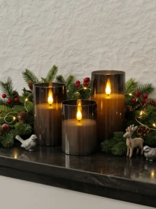 1/2/3 piezas Velas parpadeantes, sin llama, alimentadas por batería, con control remoto, función de temporizador, adecuadas para el hogar, la granja, el baño - negro - Ver 3