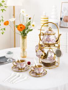 20-Piece Floral Porcelain Tea Set With Serving Tray - Elegant Purple Teapot (15oz) & Matching Tea Cups (3oz) With Saucers, Complete Afternoon Tea Party Collection For Adults, Home Decor, Hostess & Holiday Gift,Valentine's Day Gifts Christmas Gifts - 紫色 - 查看 1