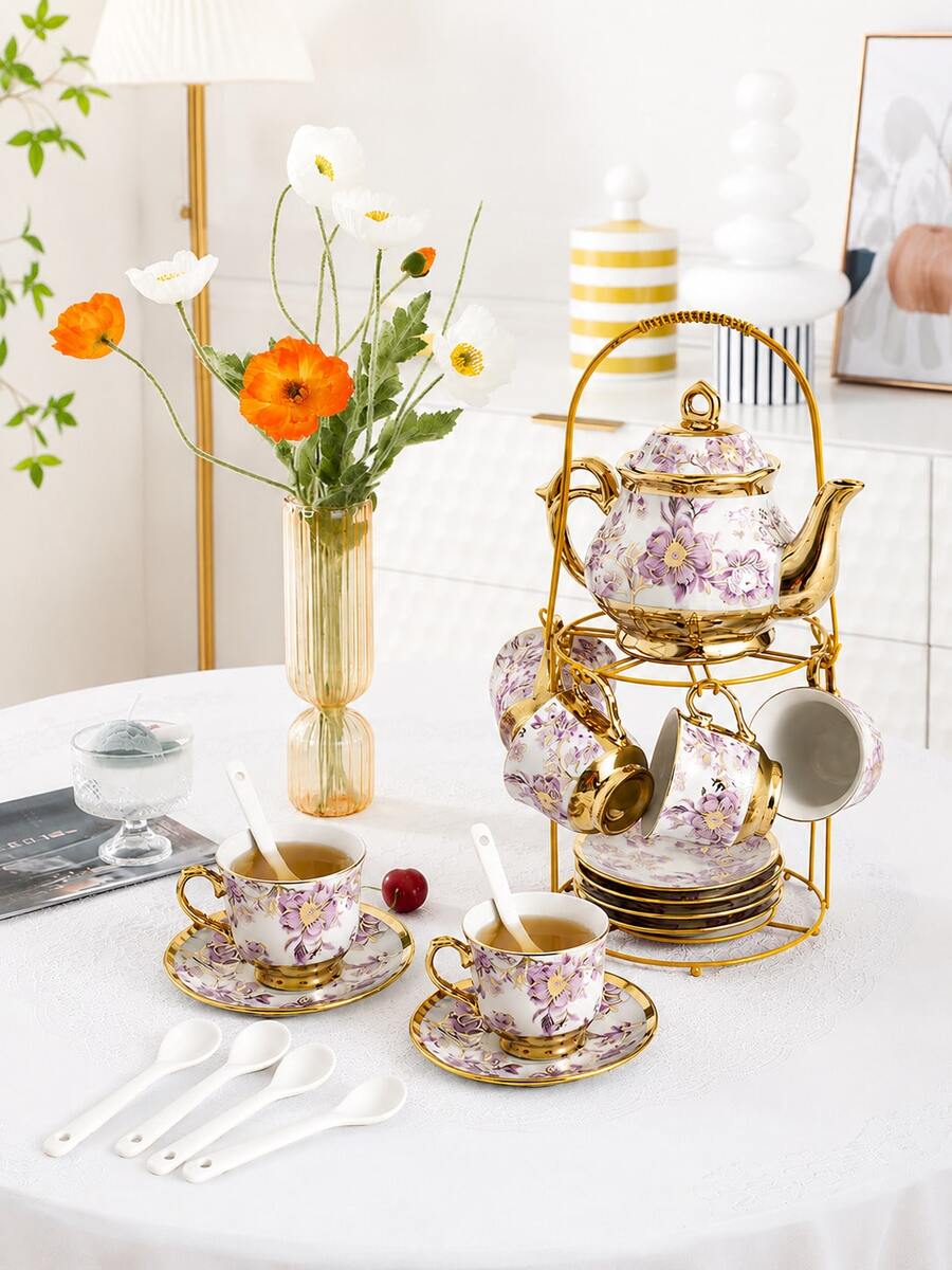 20-Piece Floral Porcelain Tea Set With Serving Tray - Elegant Purple Teapot (15oz) & Matching Tea Cups (3oz) With Saucers, Complete Afternoon Tea Party Collection For Adults, Home Decor, Hostess & Holiday Gift,Valentine's Day Gifts Christmas Gifts - 紫色 - 查看 1