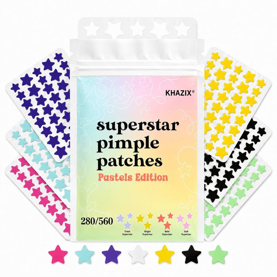 280/560 piezas Nuevos parches de acné de hidrocoloide de 7 colores con diseño de estrella, pegatinas correctoras faciales súper estrella, parches faciales lindos para volver a la escuela, adecuados para decoración facial en fiestas, pegatinas multifuncionales DIY para álbumes de recortes, sin fragancia, sin conservantes, adecuados para todo tipo de piel, diseño de estrella lindo en varios colores, adecuados para todos - Estrella - Ver 1