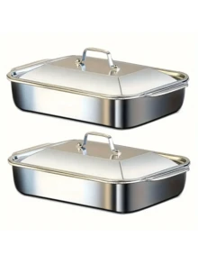 1pc Square Stainless Steel Baking Pan With Lid, Rectangular Roasting Pan, Non-Stick Thickened Double Handle, Perfect For Grilling, Roasting Fish, Desserts And Bread, Essential Tool For Home Cooking And Food Stalls - Silver - View 11